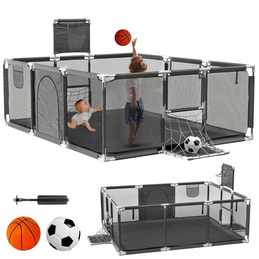 Foldable baby playpen 182x122cm with basketball hoop, non-slip base, and secure enclosed play area for children.