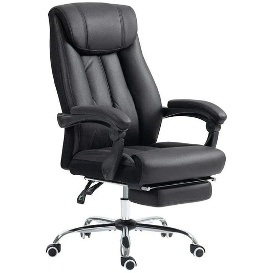 Black ergonomic office chair with reclining function and cushioned comfort seat