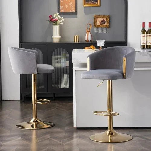 Set of 2 adjustable gray velvet bar stools with gold metal base and D-shaped armrests, height 62-84cm, modern design for kitchen or bar