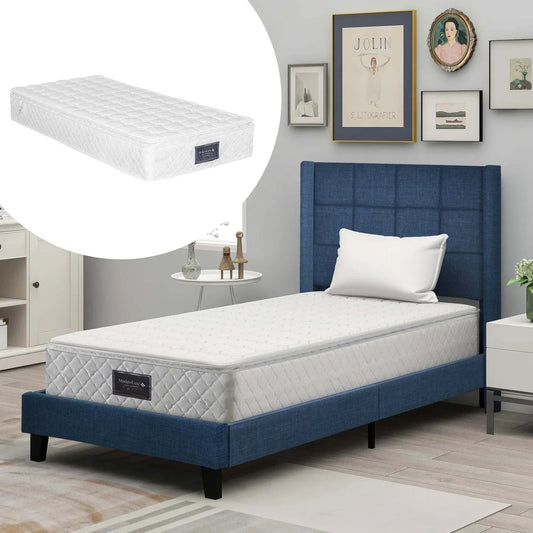 Lit Simple 90x200cm avec Matelas Ressorts - Tête de Lit Capitonnée Lin Bleu