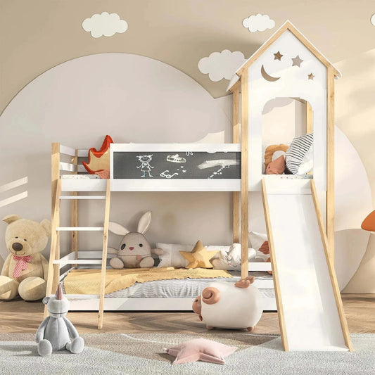 Lit Superposé Enfant Toboggan | Escalier + Tableau | Bois Blanc | 90x200cm | Avec Glissière