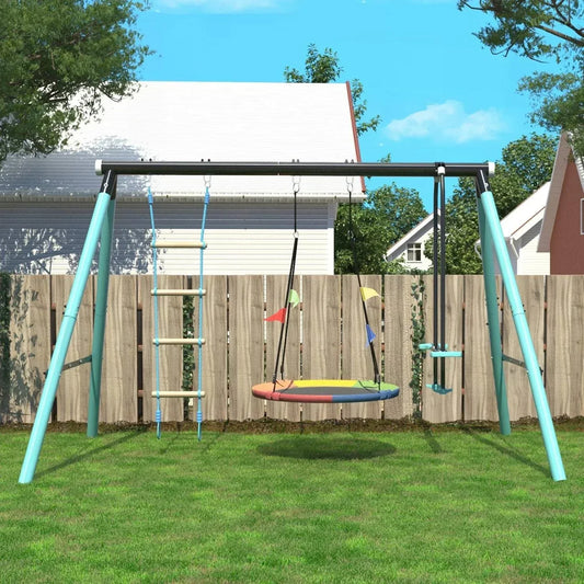 Outdoor children's playground with adjustable swing, climbing ladder, and net for ages 3-8 years in garden setting