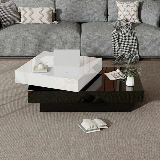 Modern black and white double-level pivoting coffee table with high-gloss rotating top and open storage compartments in living room setting