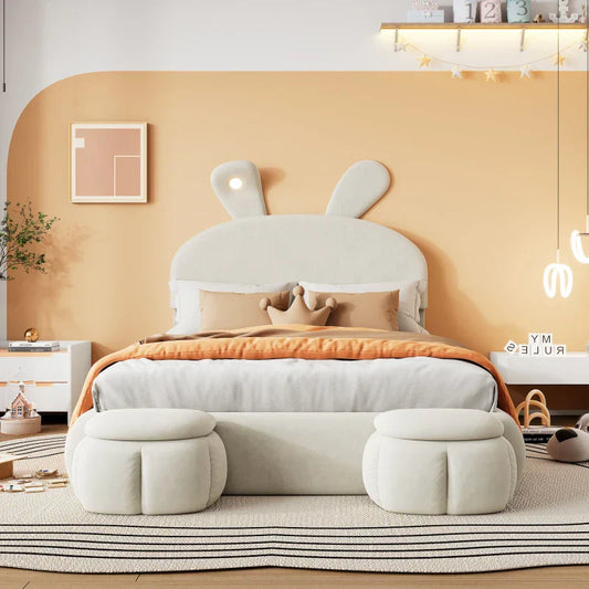 Lit Enfant Oreilles Lapin 90x200 - LED Réglable 2 Poufs Rangement 