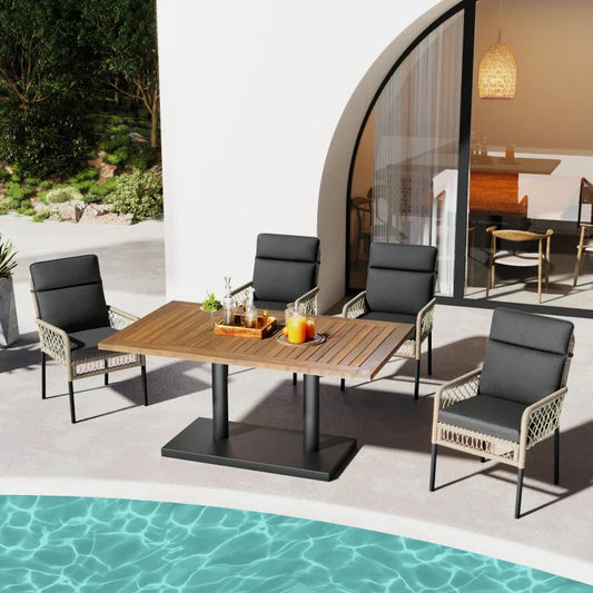 Salon de Jardin 4 Personnes - Table Acacia + 4 Chaises Rotin PE - Set 5 Pièces 