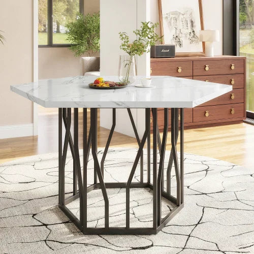 Table Hexagonale Marbre blanc&noir - Design Moderne Salle à manger