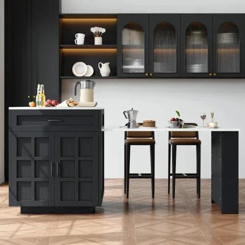 Modern black extendable table bar 133-202cm with marble top and storage shelves in kitchen island design