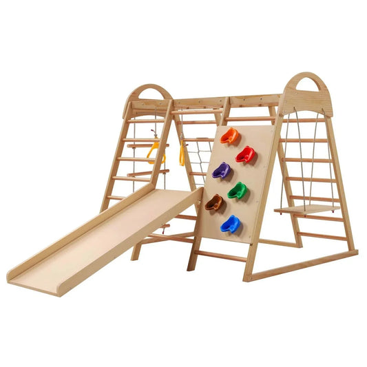 Wooden 7-in-1 kids indoor play structure with slide, climbing wall, swings, and ladders for ages 3-8