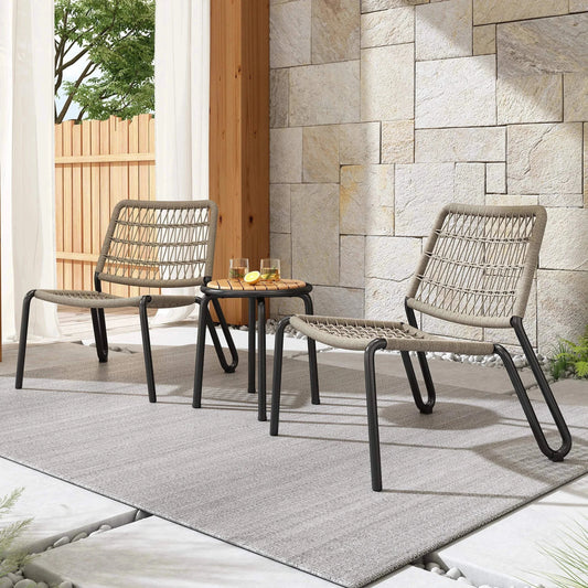 Salon Jardin 3 Pièces Corde Tressée - Table Acacia Chaises Empilables 160kg
