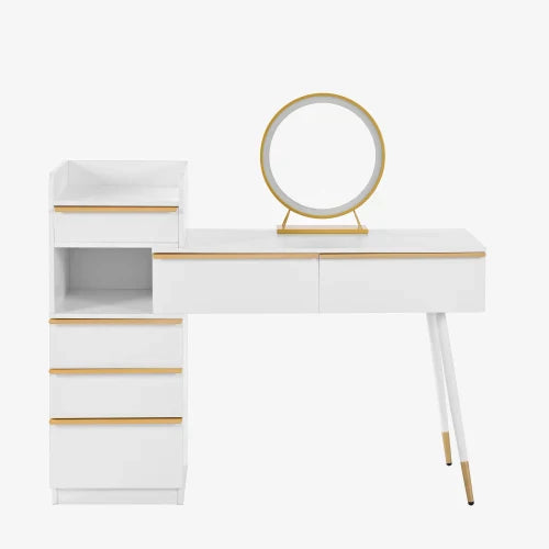 Coiffeuse LED Miroir 6 Tiroirs - Plateau Extensible Poignées Or & Blanc 