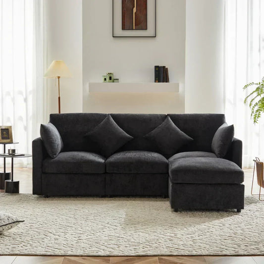 Canapé Tissu 3-4 Places - Angle L avec Pouf Mobile Chenille  