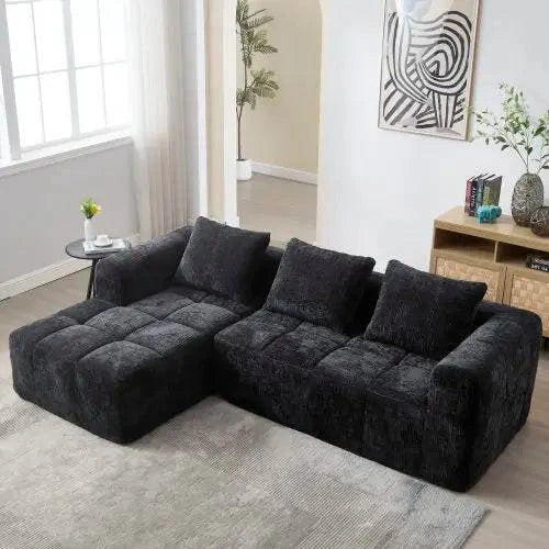 Canapé d'angle noir Moderne 3 Places - Chenille avec Méridienne Coussins Amovibles 