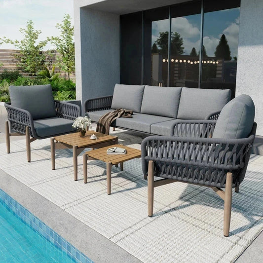 Salon Jardin Lounge 5 Pièces - Canapé 3 Places + Fauteuils Tables WPC Gris 