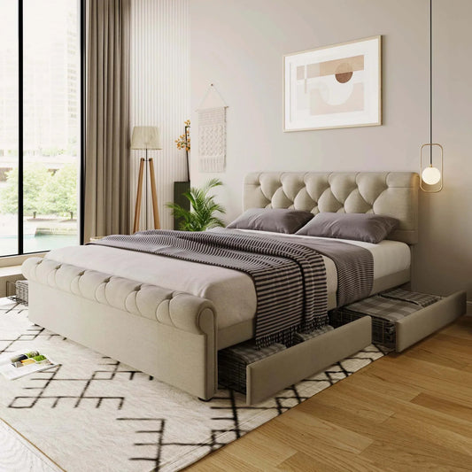 Lit Coffre 140x200cm avec 4 Tiroirs - Tête de Lit Réglable Chesterfield Lin