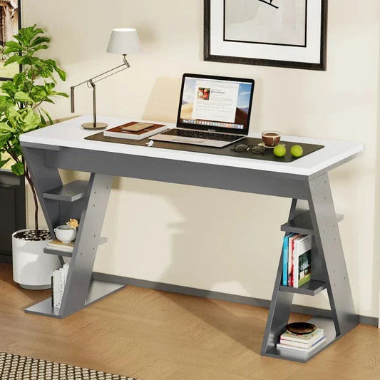 Modern Bureau Design 120x50x74cm with X-shaped metal legs and built-in shelves in a contemporary workspace setting