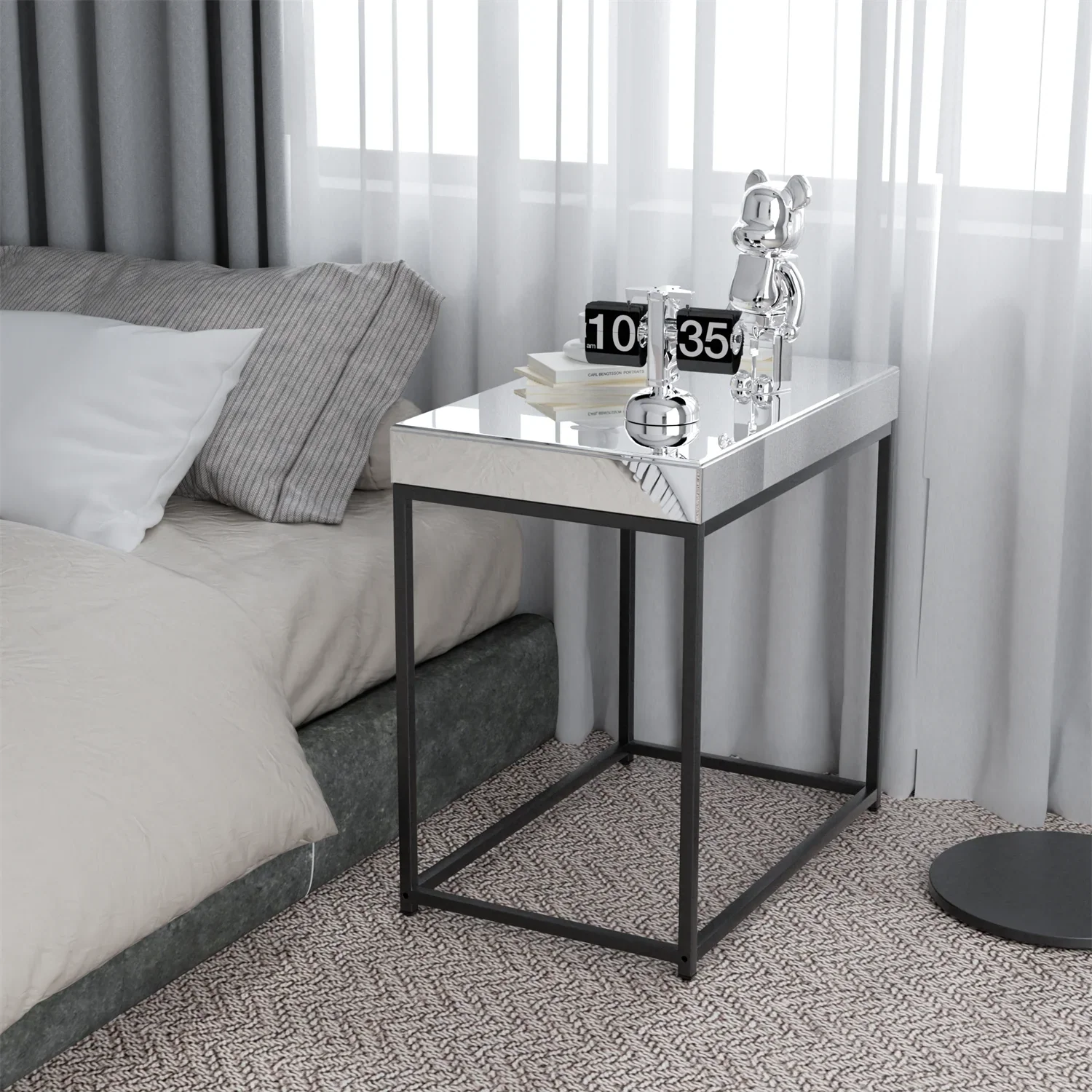 Table de Chevet Miroir Argenté 58x35x59cm - Plateau Verre Design Sc83472bdf2b246da83f3d1fbdf479f23S