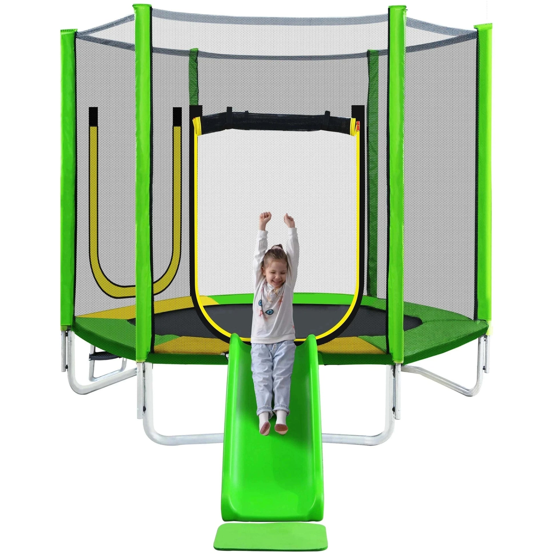 Trampoline 213cm with green slide, safety net, ladder, and padding with child sliding down in garden playset