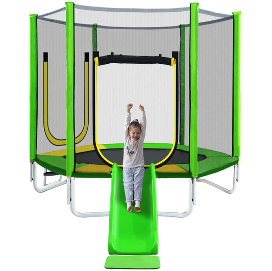 Trampoline 213cm with green slide, safety net, ladder, and padding with child sliding down in garden playset