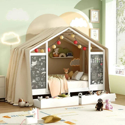 Lit Cabane Enfant Rangement | Tiroirs + Tableau Noir | Mobilier Sécurisé | Design Maison