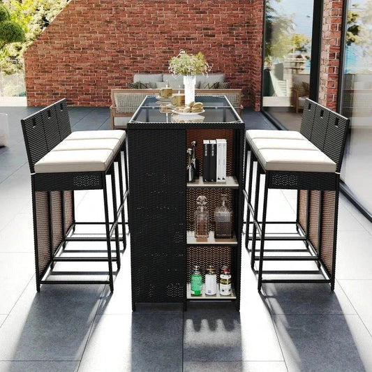 Salon de Jardin Bar 7 Pièces - Polyrattan Noir/Marron + Coussins + Plateau Verre 