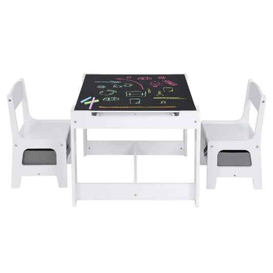 White Children's Desk + 2 Chairs | Storage Basket | Reversible Board | Preschool Age