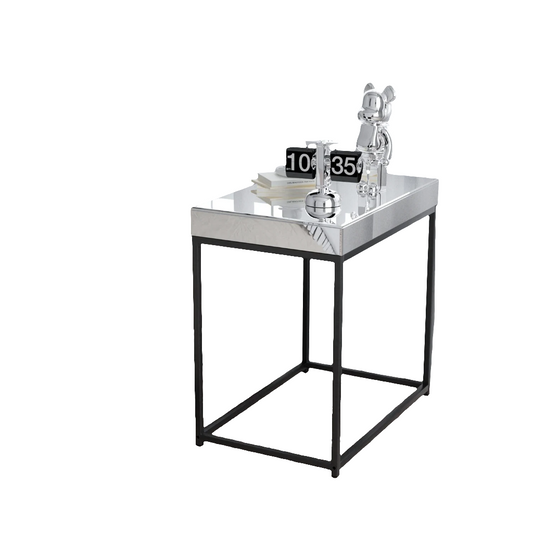 Table de Chevet Miroir Argenté 58x35x59cm - Plateau Verre Design